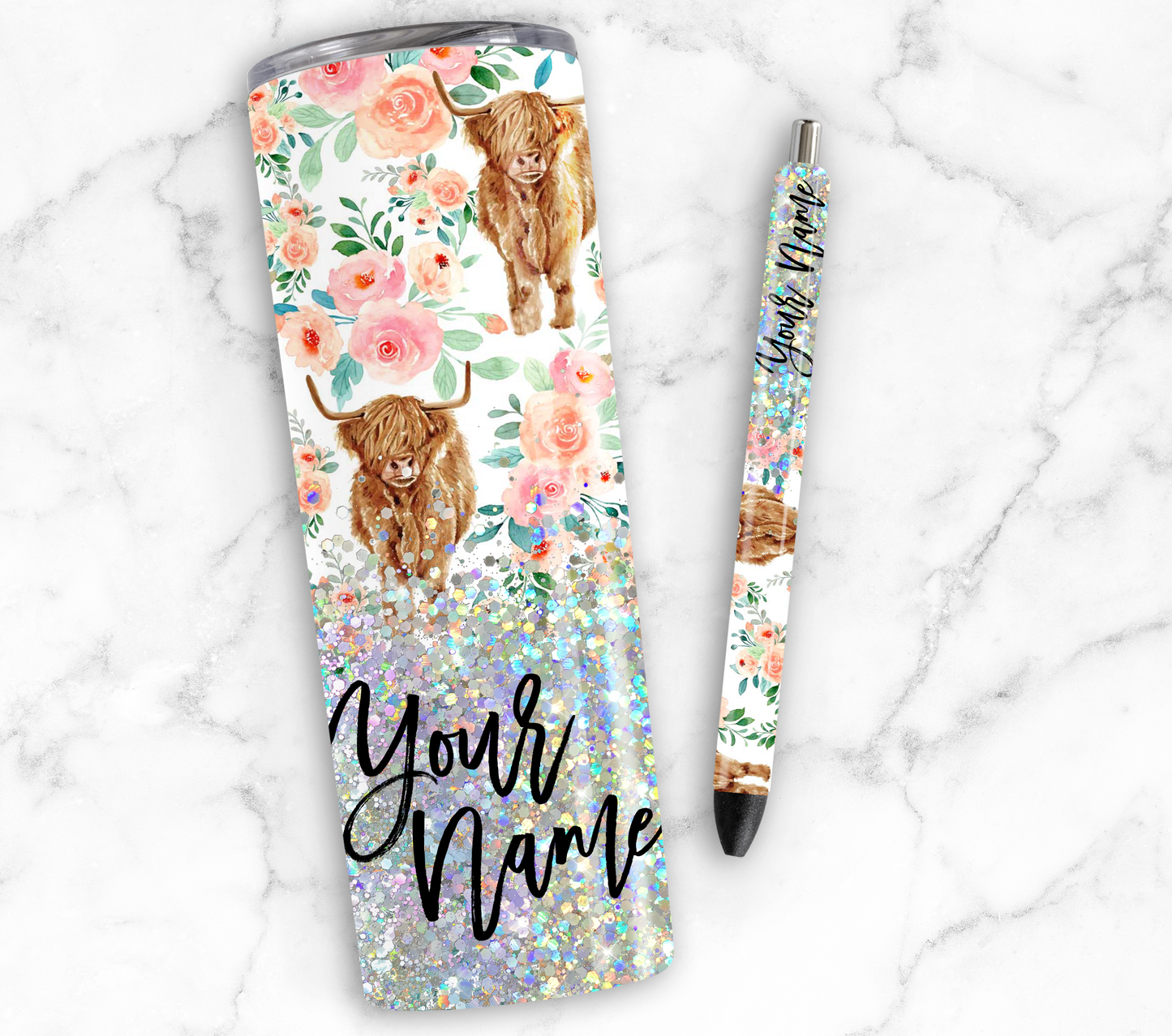 HIGHLAND COW PRINT GLITTER PEN/CUP COMBO