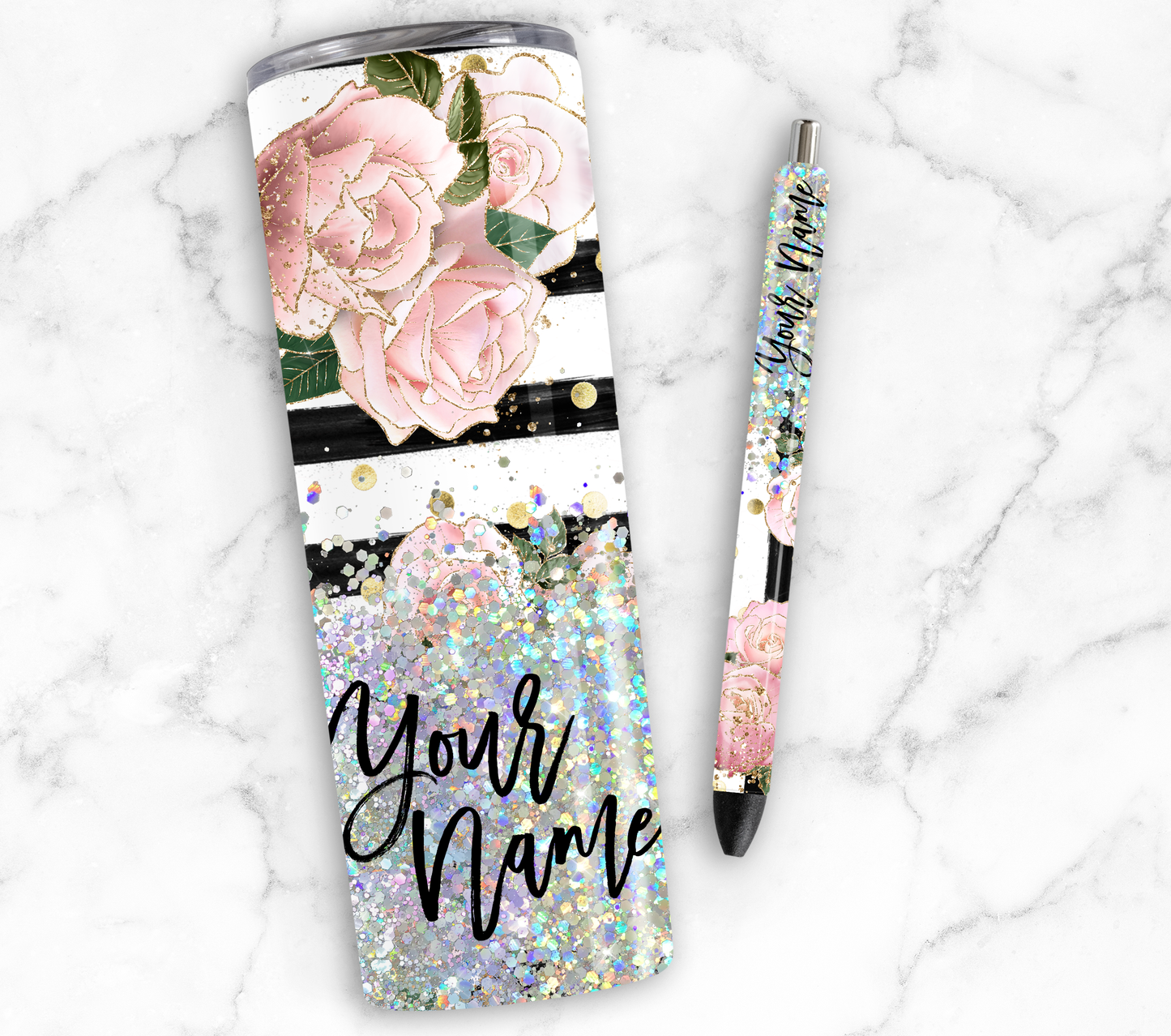 STRIPED ROSE GLITTER PEN/CUP COMBO
