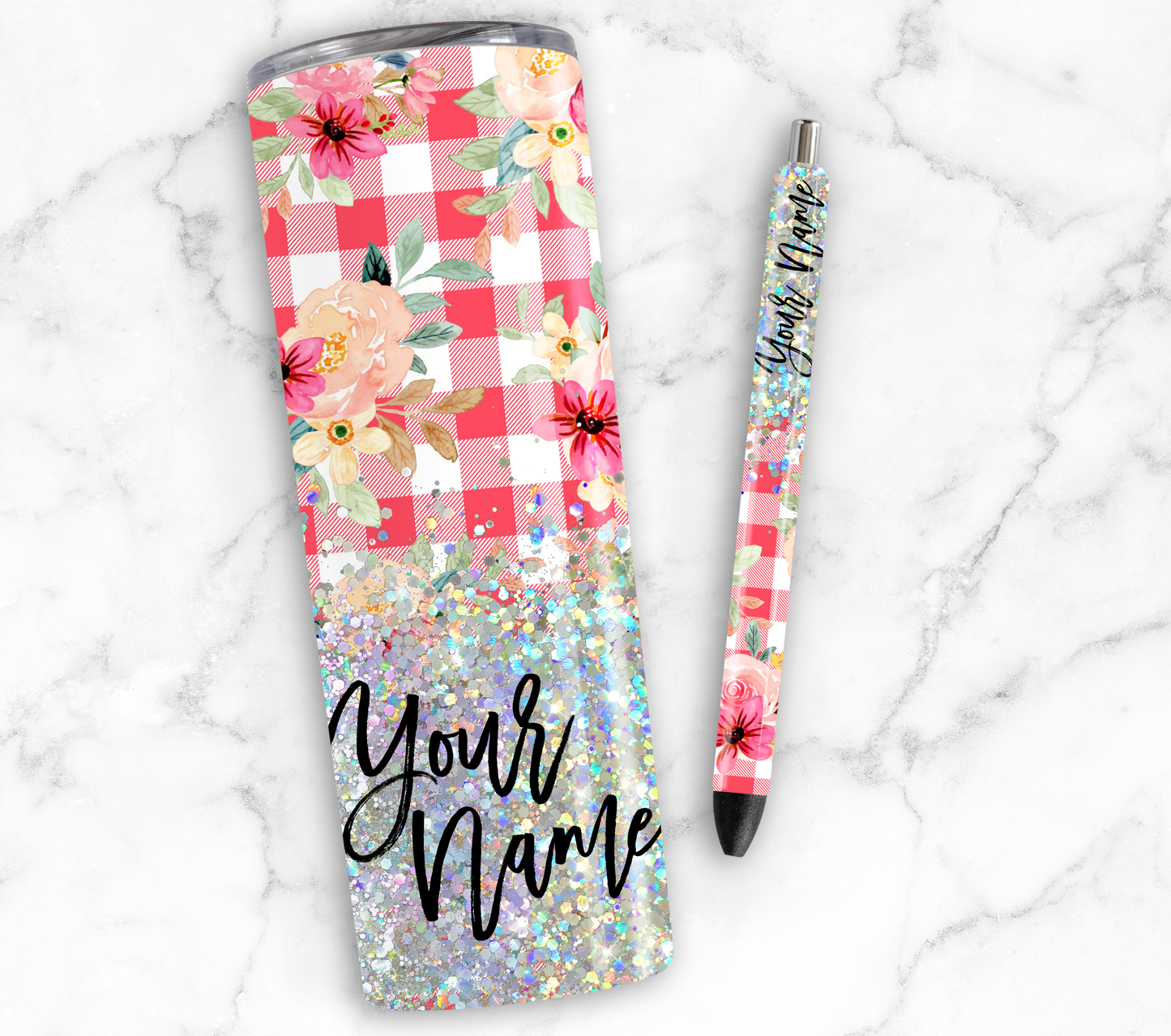 RED PLAID FLORAL GLITTER PEN/CUP COMBO