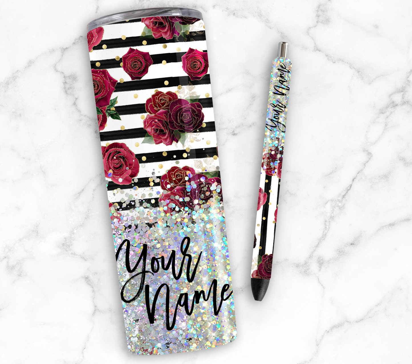 STRIPED RED ROSE GLITTER PEN/CUP COMBO