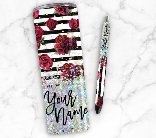 STRIPED RED ROSE GLITTER PEN/CUP COMBO