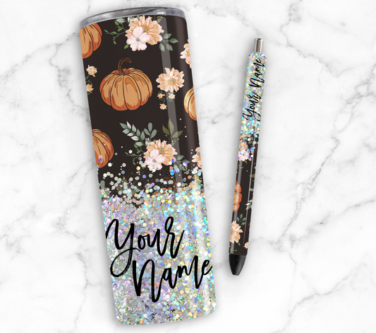 RUSTIC PUMPKIN FLORAL GLITTER PEN/CUP COMBO