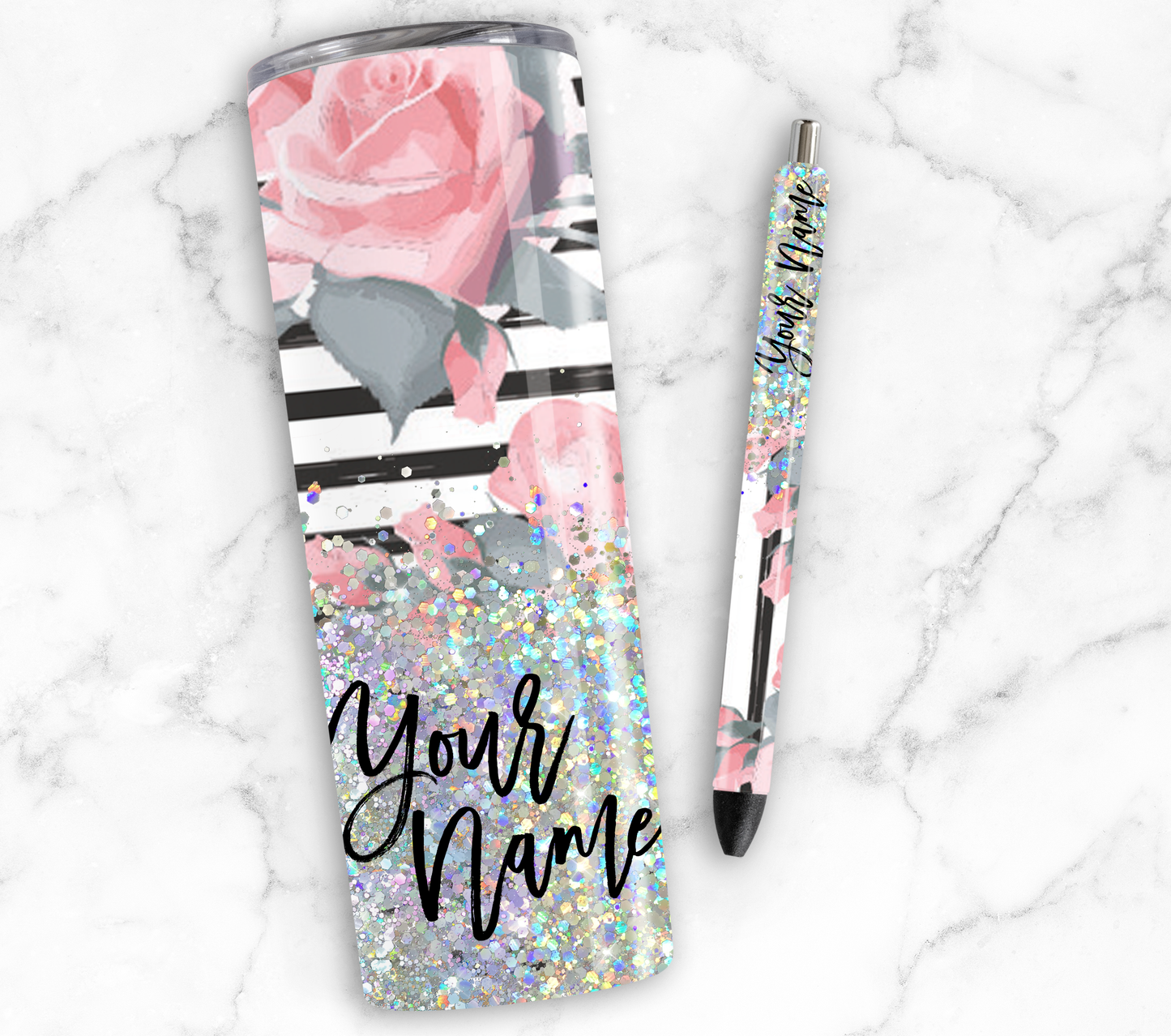 ROSE PRINT CUP GLITTER PEN/CUP COMBO