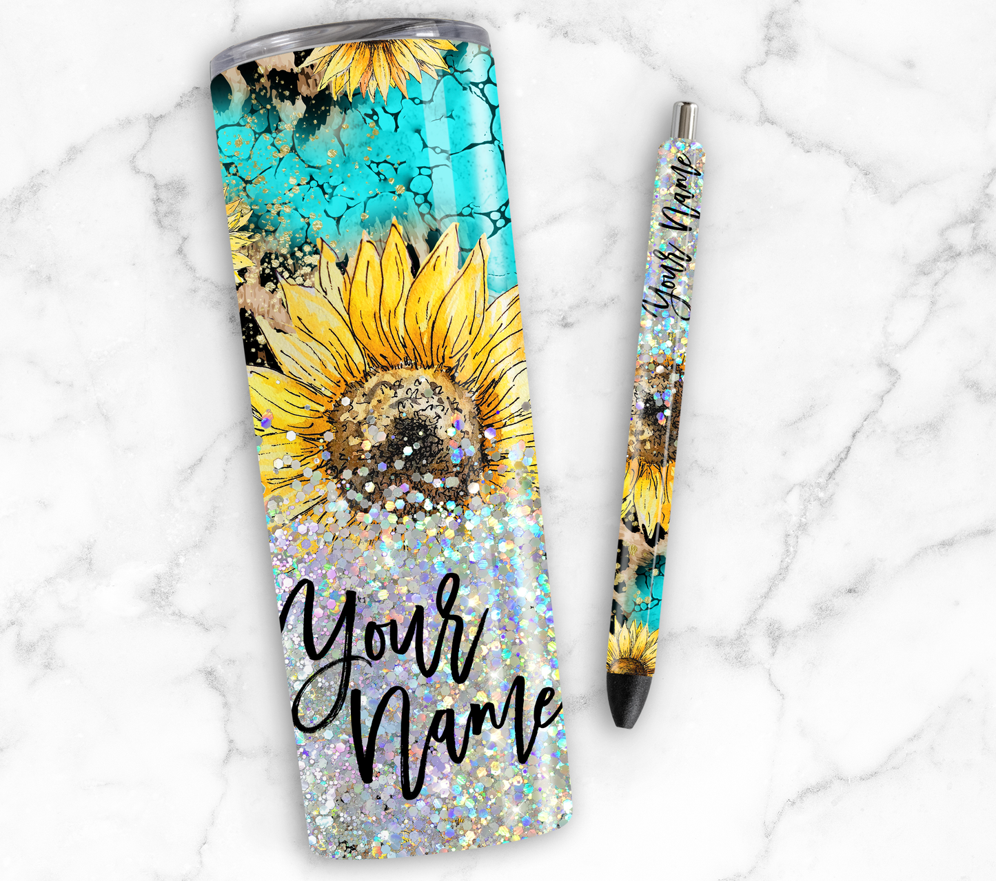 TURQUOISE SUNFLOWER GLITTER PEN/CUP COMBO