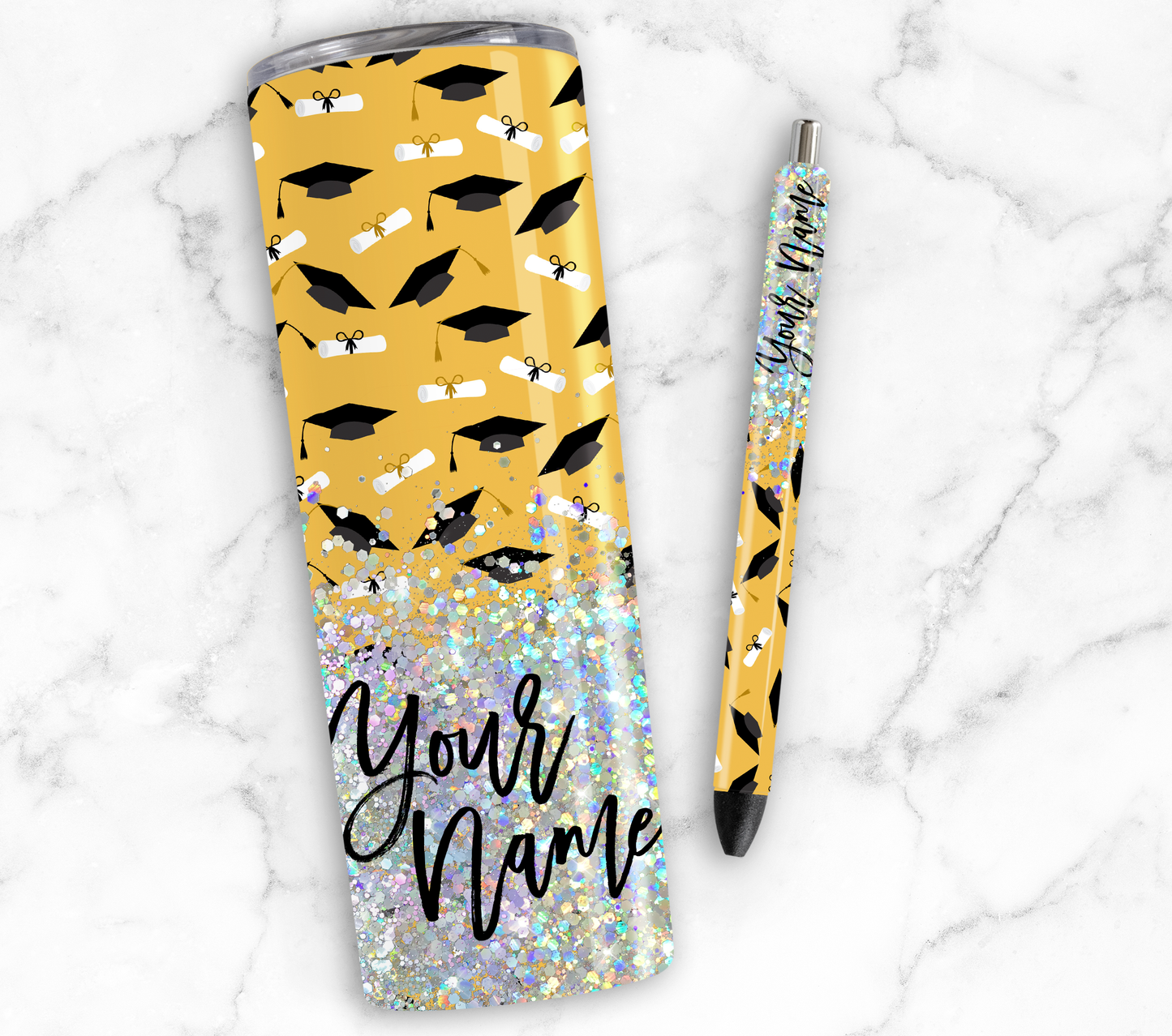 BLACK GRADUATION CAPS WITH DIPLOMAS GLITTER PEN/CUP COMBO