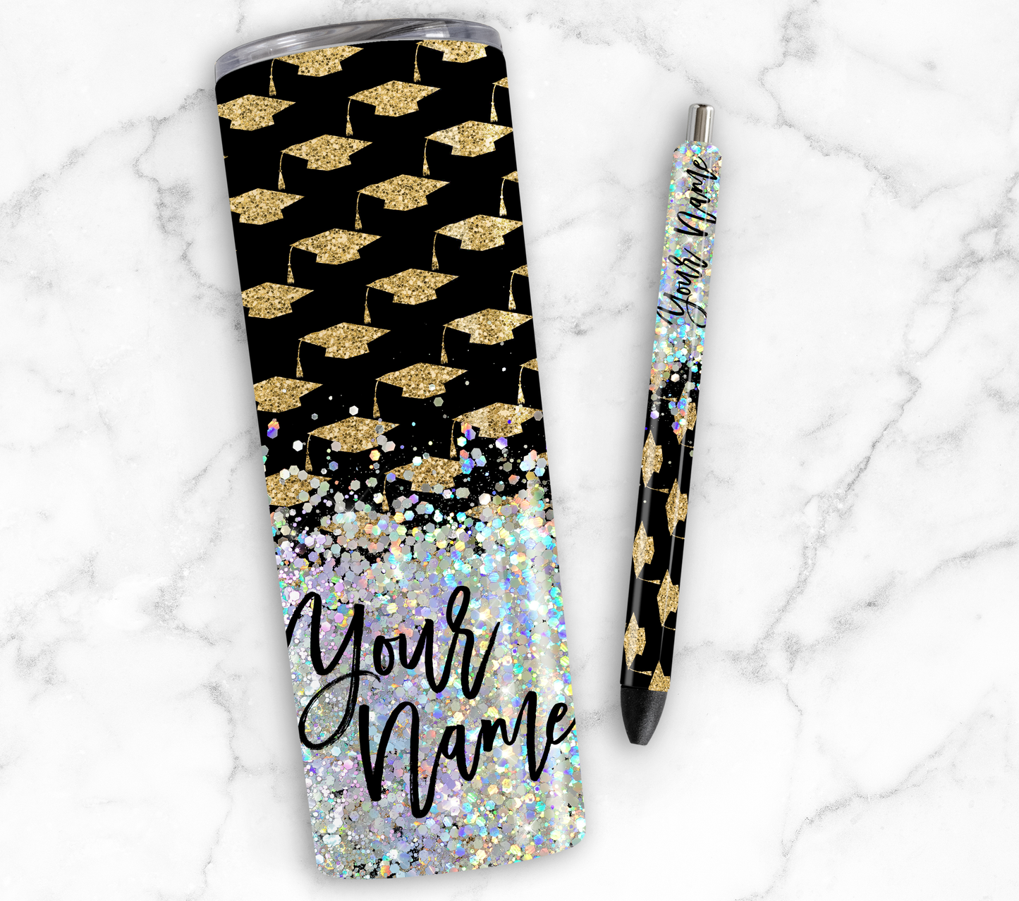 GOLD GRADUATION CAPS WITH GLITTER PEN/CUP COMBO