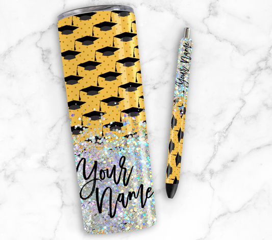 BLACK GRADUATION CAPS WITH GLITTER PEN/CUP COMBO
