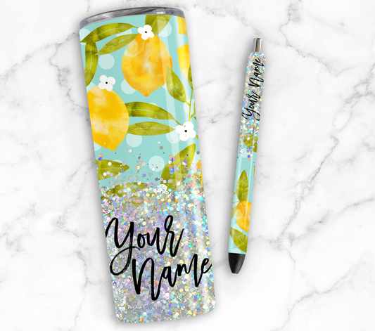 LEMON GLITTER PEN/CUP COMBO