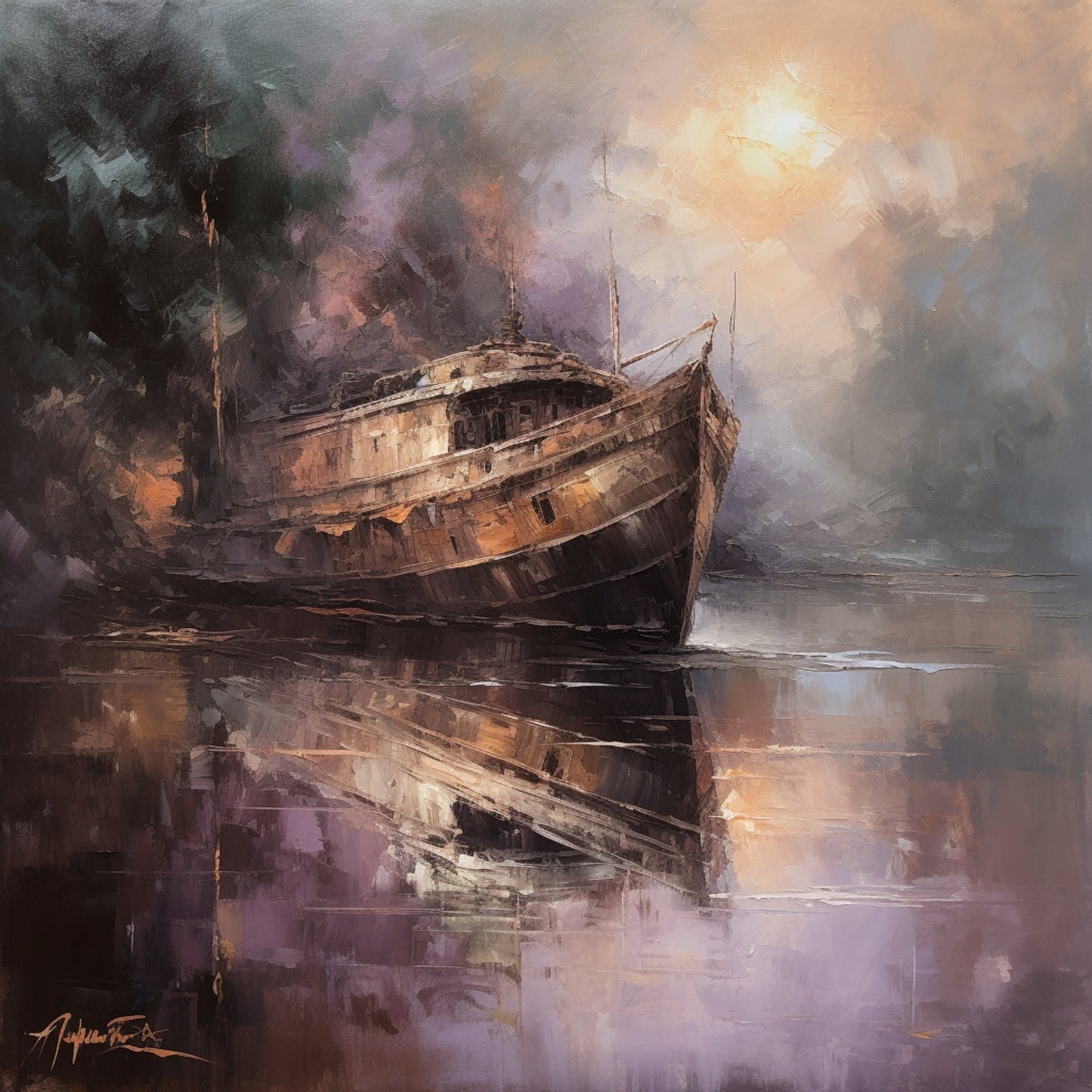 OIL PAINTING RIVEER SHIP