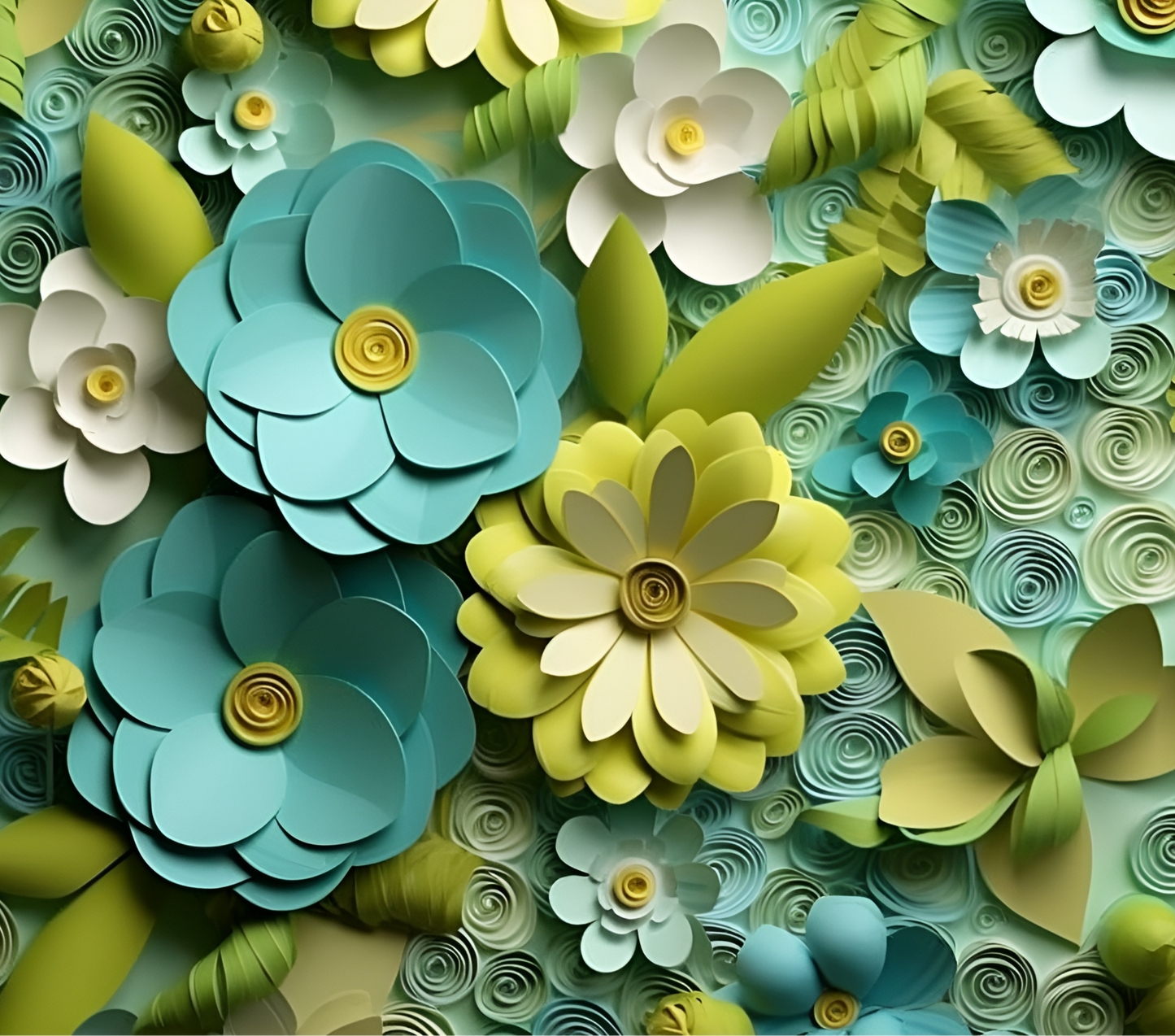 3D YELLOW-GREEN AND BLUE FLORAL