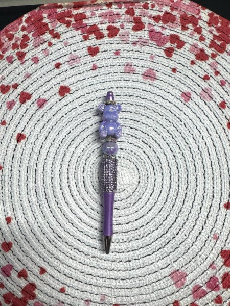 BEADED RHINESTONE PURPLE BEAR PEN